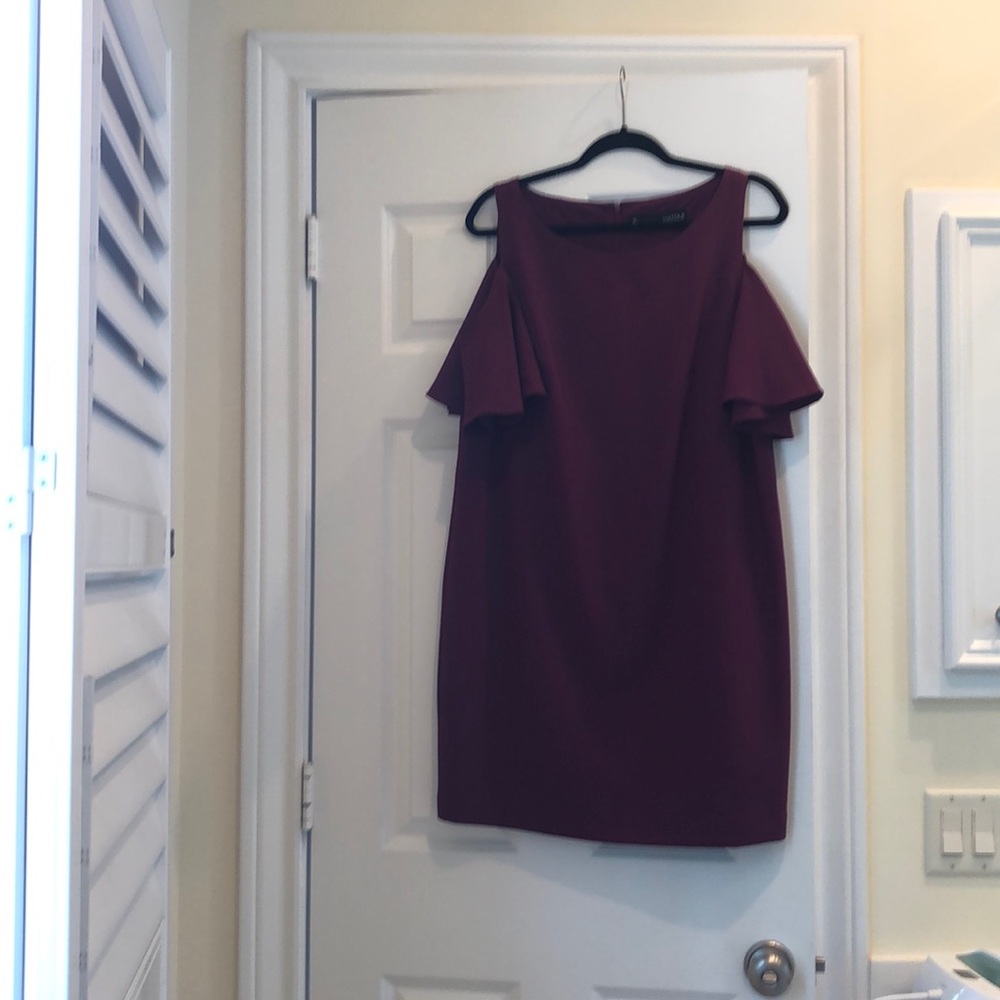 Purple cold shoulder dress, knee length